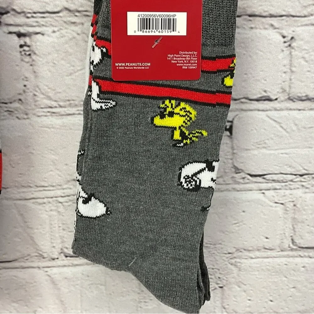 Peanuts Snoopy Woodstock Crew Socks 4 Pair Mens Shoe Size 6.5 -12 Gray/White/Red